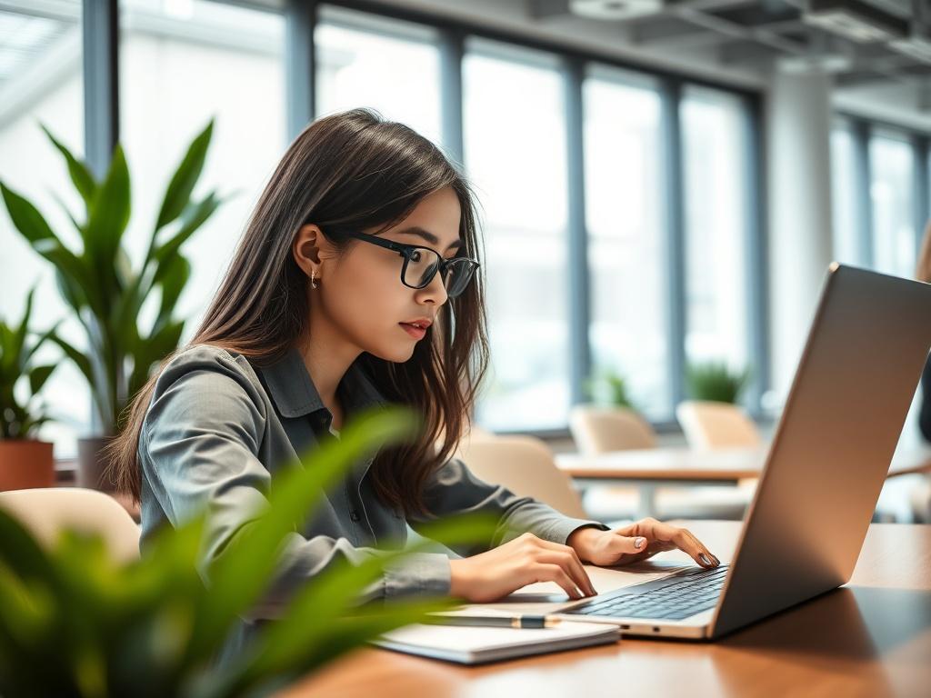 A close-up shot of a young professional woman, sitting at a modern desk, intently focused on a laptop screen. She is engaged in a digital training session, with a notepad and pen beside her, ready to take notes. The background is a bright, well-lit office with plants, showcasing a clean and contemporary workspace. The colors in the image should be vibrant, with an emphasis on greens to match the primary color rgb(50, 170, 39). The composition should be simple and clear, focusing on the subject's expression 