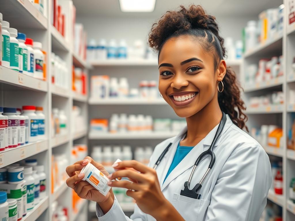 A high-resolution photo of a pharmacy assistant in a modern pharmacy setting. The assistant, a young woman of diverse descent, is smiling while organizing medication on a shelf. The background features shelves filled with various medications and a clean, well-lit environment. The composition focuses on the pharmacy assistant, showcasing her professionalism and friendliness in her role. Ideal for capturing the essence of pharmacy assistance in a vibrant pharmacy atmosphere.