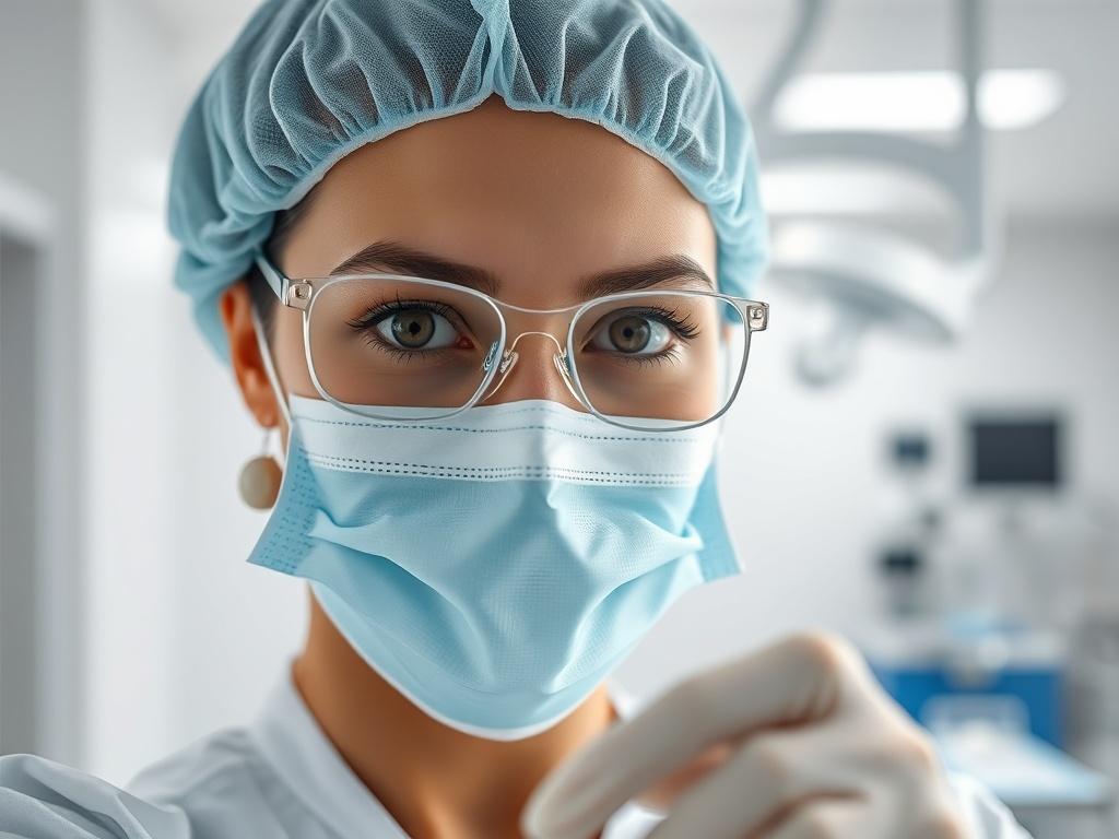 A close-up shot of a healthcare professional wearing personal protective equipment (PPE), demonstrating proper infection prevention techniques in a clinical setting. The background should be softly blurred to emphasize the subject, showcasing a clean, sterile environment with medical equipment in the distance. The lighting should be bright and inviting, highlighting the professionalism and care of the healthcare worker. The color scheme should harmonize with a primary color of rgb(50, 170, 39).