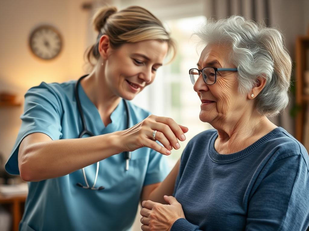 A close-up shot of a caregiver gently assisting a senior person in a warm, inviting home setting. The caregiver is demonstrating safe handling techniques, ensuring the senior feels comfortable and secure. The background features soft lighting and elements that reflect a cozy home environment, emphasizing care and compassion. The composition is simple and clear, focusing solely on the interaction between the caregiver and the senior.