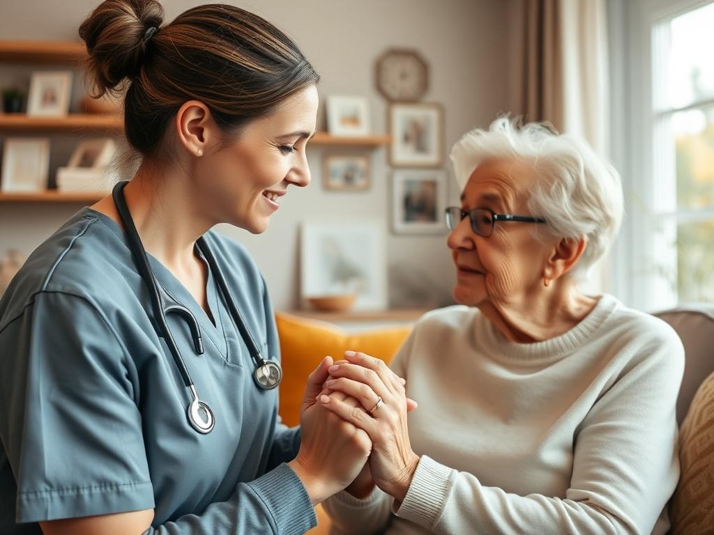 A close-up shot of a compassionate caregiver assisting an elderly person with dementia in a well-lit, cozy living room. The caregiver is gently holding the hand of the elderly individual, who appears calm and engaged. The background features warm colors, soft furnishings, and personal touches like family photos to evoke a sense of comfort and connection. The focus is on the caregiver's empathetic expression and the elderly person's serene demeanor, creating an emotional and relatable scene.