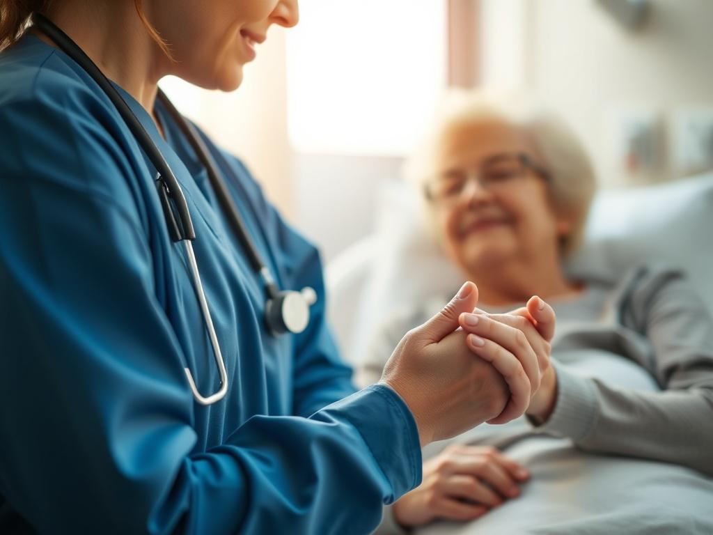 A realistic high-resolution photo of a healthcare professional providing palliative care to a patient in a serene hospital room. The scene captures a close-up shot of the caregiver gently holding the patient's hand, conveying compassion and support. The background is softly blurred, with warm lighting to create a comforting atmosphere. The subject's expression is empathetic, highlighting the importance of emotional support in palliative care.
