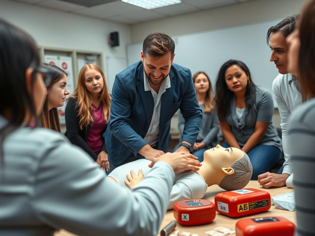 A realistic high-resolution photo of a first aid training session in action. The image should feature a diverse group of individuals, including a male instructor demonstrating CPR on a training mannequin. The setting should be a well-lit classroom with first aid supplies visible in the background, such as bandages and AED devices. The focus should be on the instructor and the mannequin, capturing the engagement of the participants. The composition should be simple and clear, showcasing the importance of fir