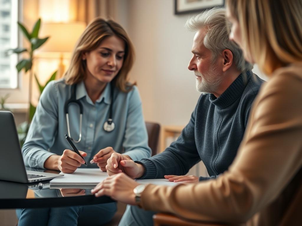 A close-up shot of a compassionate mental health professional sitting at a desk, actively listening to a client who is sharing their feelings. The background is softly blurred, hinting at a calming office environment with warm lighting and a plant in the corner. The mental health professional is taking notes, showing engagement and empathy, while the client appears open and vulnerable. The image conveys a sense of trust and support, ideal for promoting mental health services.