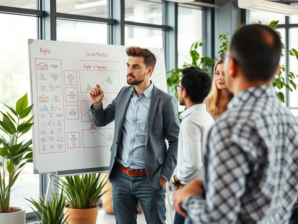 A focused Scrum Master (a professional in smart casual attire) standing in front of a whiteboard filled with Agile and Scrum diagrams. The Scrum Master is pointing to a chart, illustrating team progress while engaging with a diverse group of team members in a modern office setting. The background features a collaborative workspace with large windows letting in natural light, and a few potted plants for a touch of greenery. The image should have a close-up composition, shot with a 45mm f/1.2 lens style, emph
