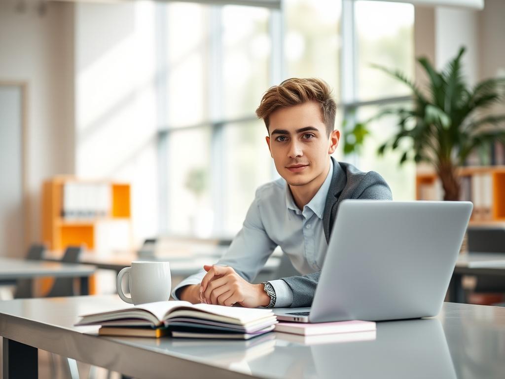 A confident young adult in a professional setting, studying at a sleek modern desk with a laptop and books. The background features a bright, airy classroom or office environment with natural light streaming in. The focus is on the individual, who is engaged in learning, showcasing determination and ambition. The color scheme is vibrant and matches the primary color rgb(50, 170, 39), creating an inspiring atmosphere.