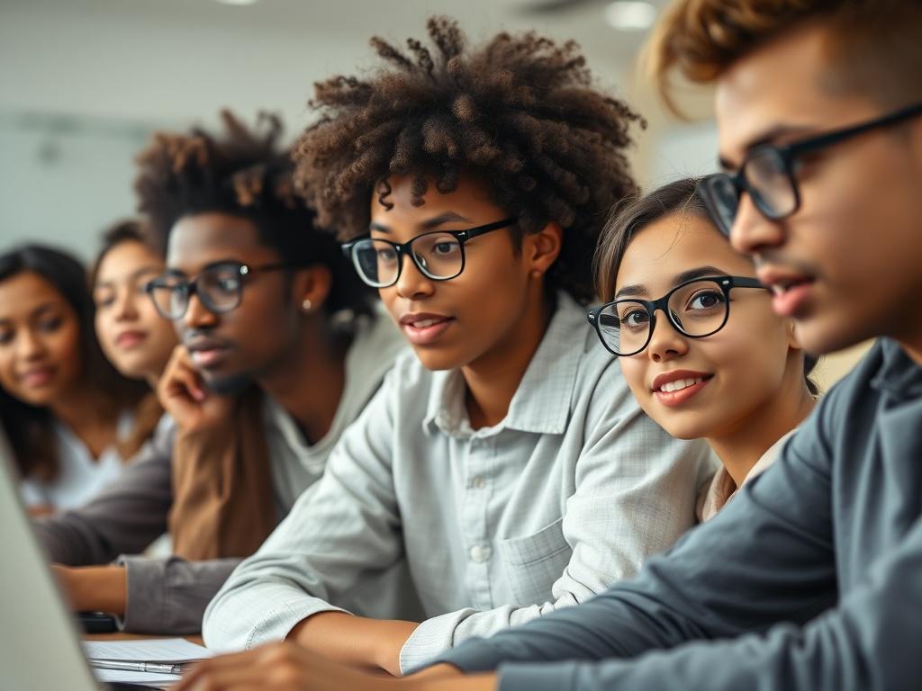 A close-up shot of a diverse group of students engaged in a learning environment, showcasing collaboration and enthusiasm. The background should be a modern classroom with bright, natural lighting. Focus on the expressions of determination and camaraderie among the students. Use realistic high-resolution photography to capture the essence of education and teamwork.