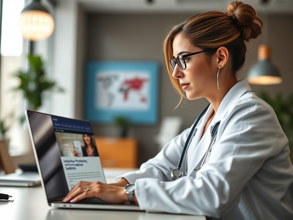 A realistic high-resolution photo of a healthcare professional in a modern training environment, focused on a laptop screen with a course on infection prevention visible. The background should be softly blurred to emphasize the subject. The lighting is bright and inviting, showcasing a professional and engaging atmosphere.
