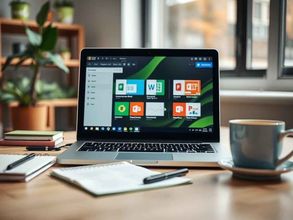 A close-up shot of a modern workspace featuring a laptop displaying Microsoft Office applications like Word, Excel, and PowerPoint. The desk is neatly organized with a notepad, a pen, and a coffee cup. The background is softly blurred to keep focus on the laptop, showcasing a bright and inviting atmosphere. The primary color scheme includes accents of green, creating a vibrant yet professional look.