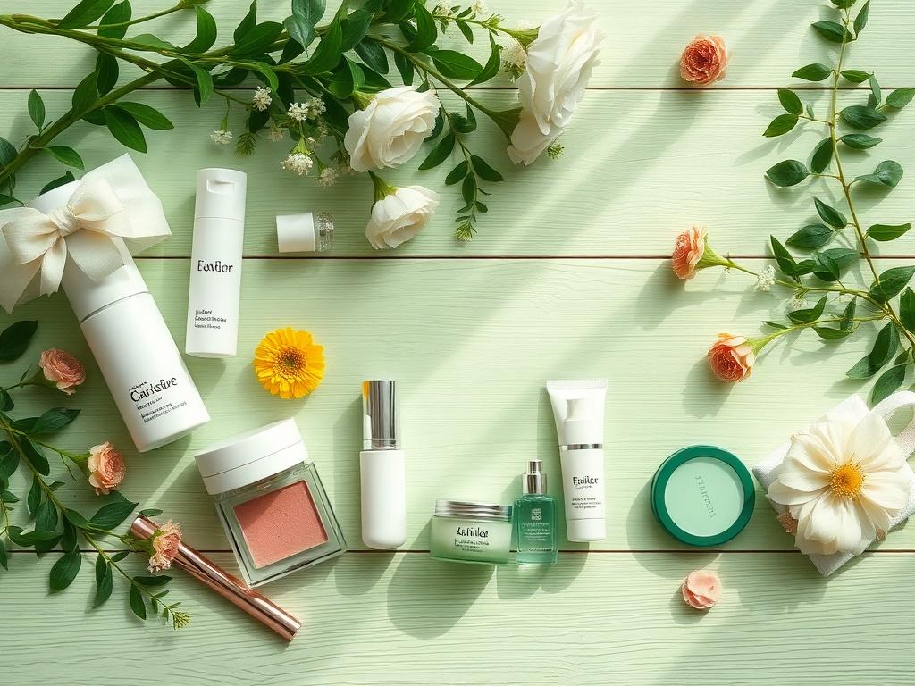 A visually appealing flat lay of beauty products, including skincare,