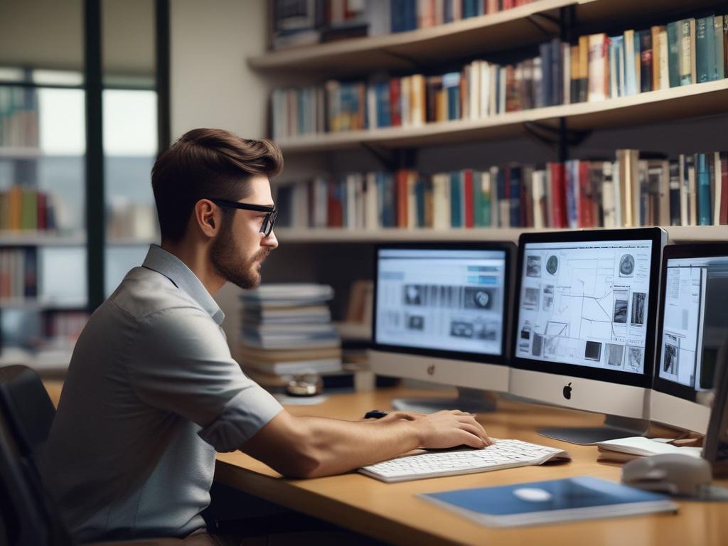 A focused researcher in a modern office setting, diligently analyzing data on a computer screen. The background features a clean and organized workspace with bookshelves and research materials. The lighting is bright and inviting, showcasing a professional atmosphere, shot with a 45mm f/1.2 lens.