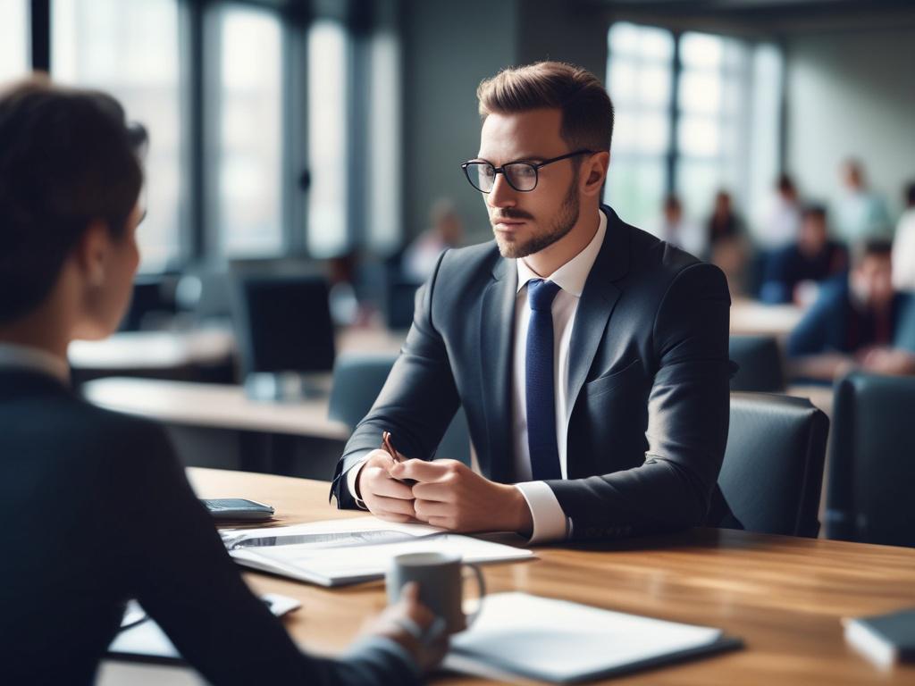 business consultant discussing AI strategies, modern office environment, focused on