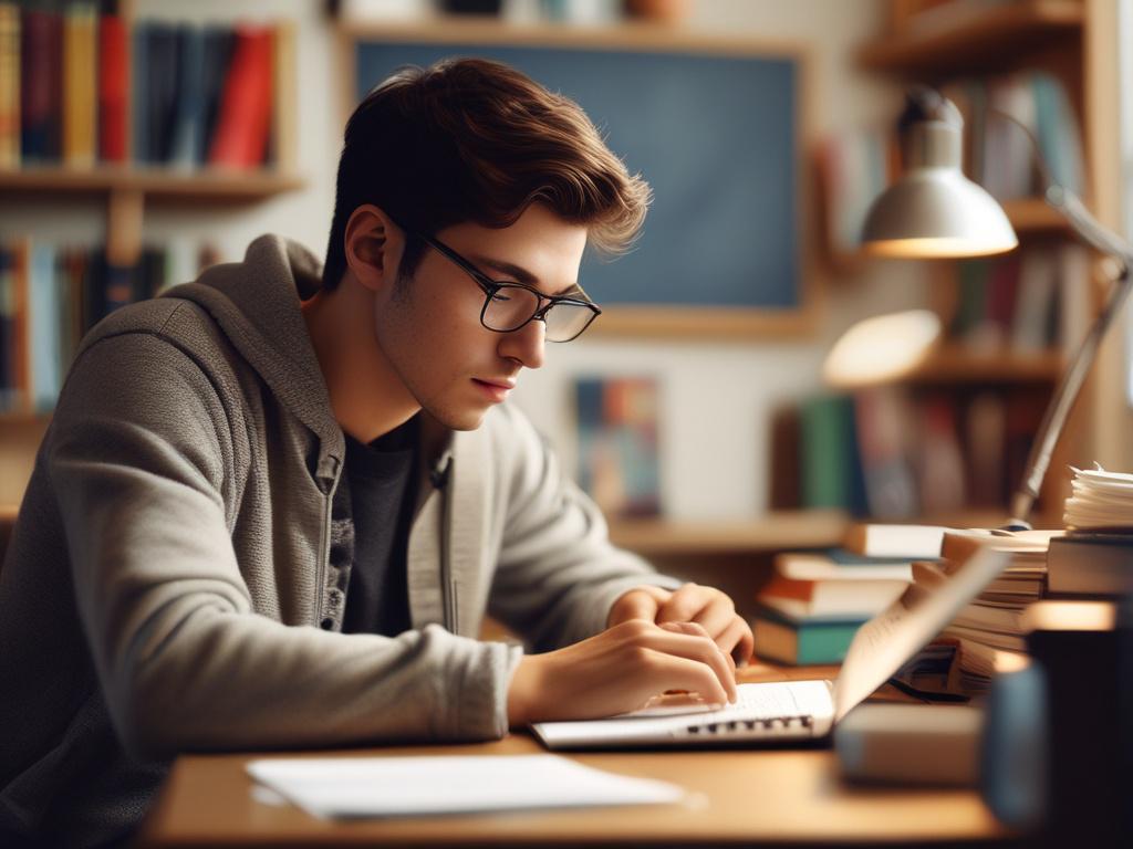 a focused image of a student working on a laptop in a cozy study environment, surrounded by books and notes, emphasizing concentration and productivity, shot in natural light with a blurred background, using a 45mm f/1.2 lens, emphasizing the primary color rgb(50, 170, 39) in the decor.