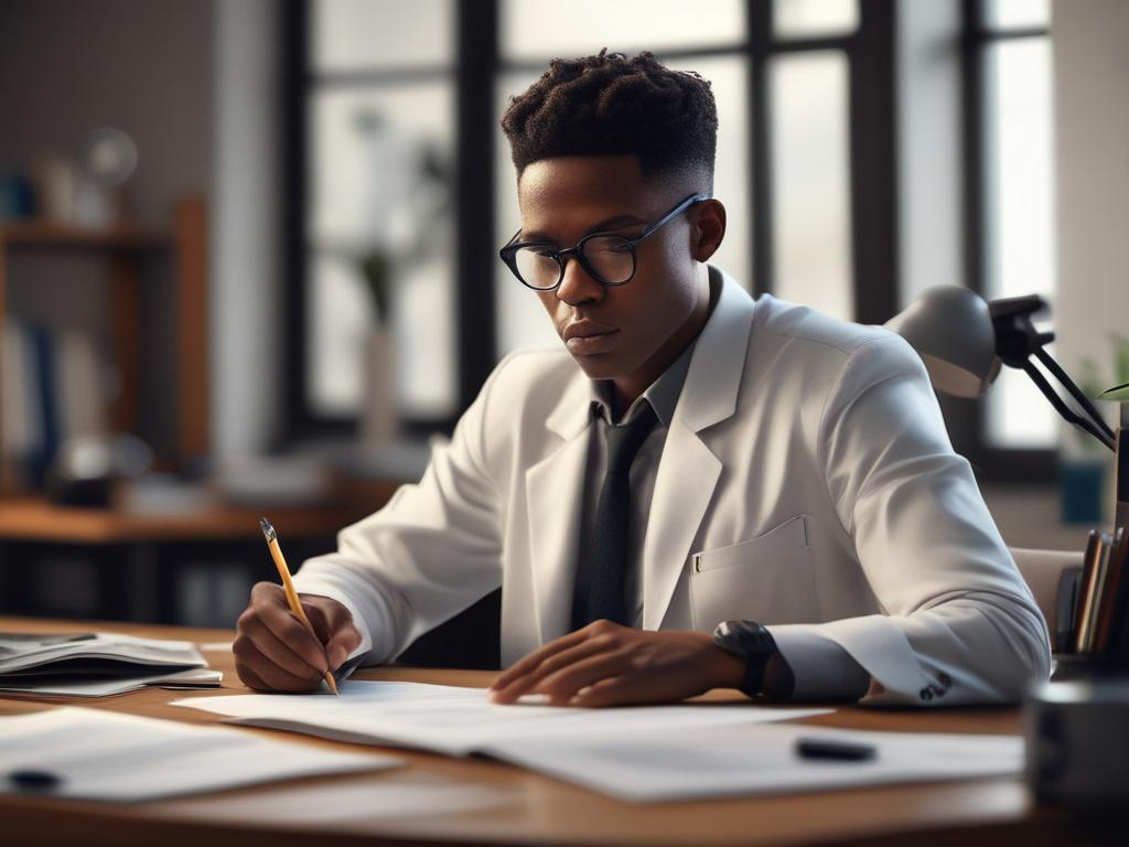 **AI Image Generation Prompt:**

Create a high-resolution, hyper-realistic photograph featuring a young African researcher thoughtfully examining a set of research documents in a modern workspace. The subject should be a focused Black female researcher, confidently dressed in professional attire, seated at a minimalist desk with a laptop open and a few academic books stacked beside her. She should embody determination and intelligence as she reviews her work.

The background should be a well-lit office sett
