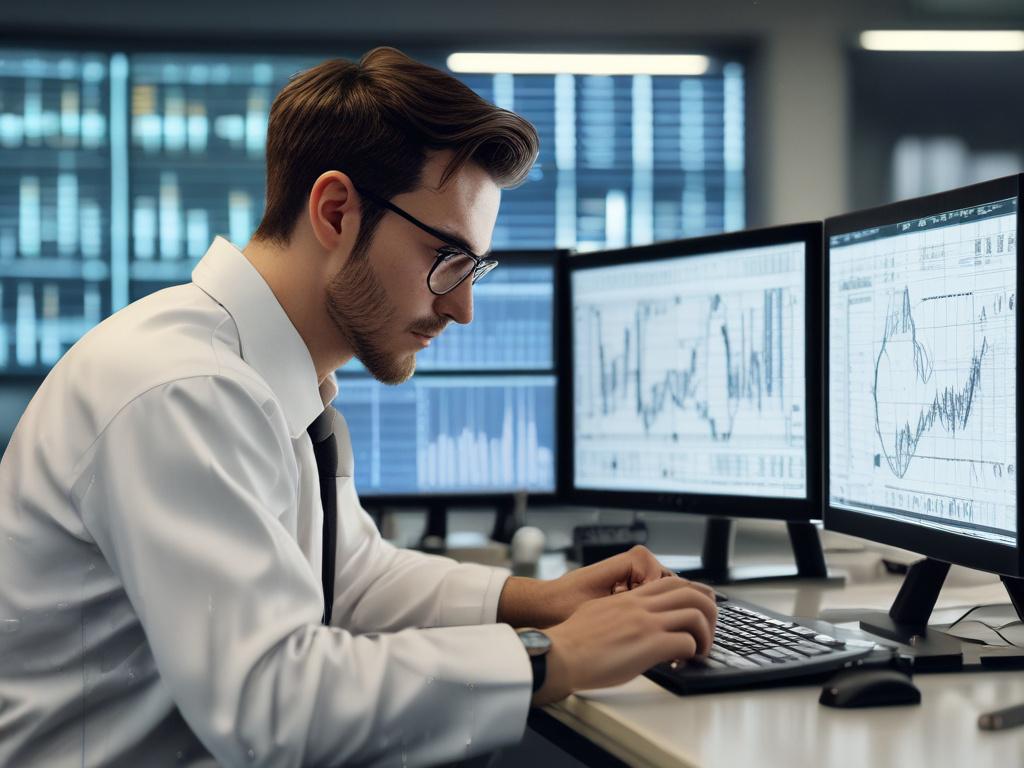 A close-up shot of a researcher in a modern lab environment, analyzing data on a computer screen. The researcher is focused and engaged, with charts and graphs displayed on the screen. The background is a clean, organized lab with technology and equipment visible. The scene is bright and professional, highlighting innovation and research.