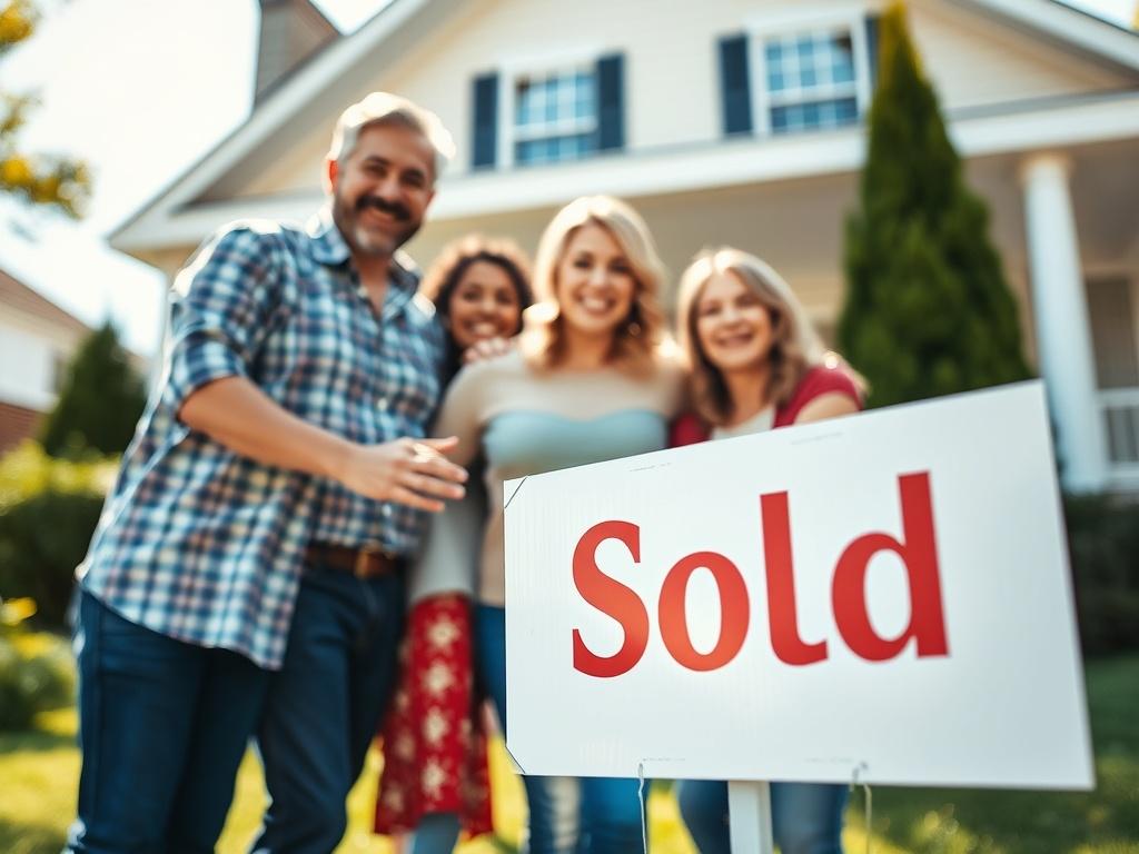 An image capturing a cheerful family celebrating the successful sale
