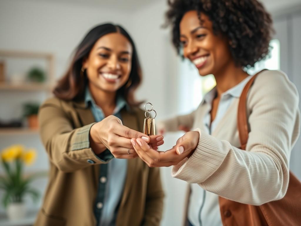 A close up shot of a smiling homeowner handing over