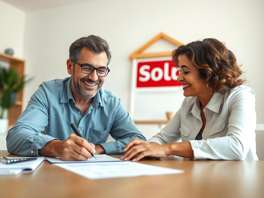A dynamic close up shot of a smiling homeowner signing
