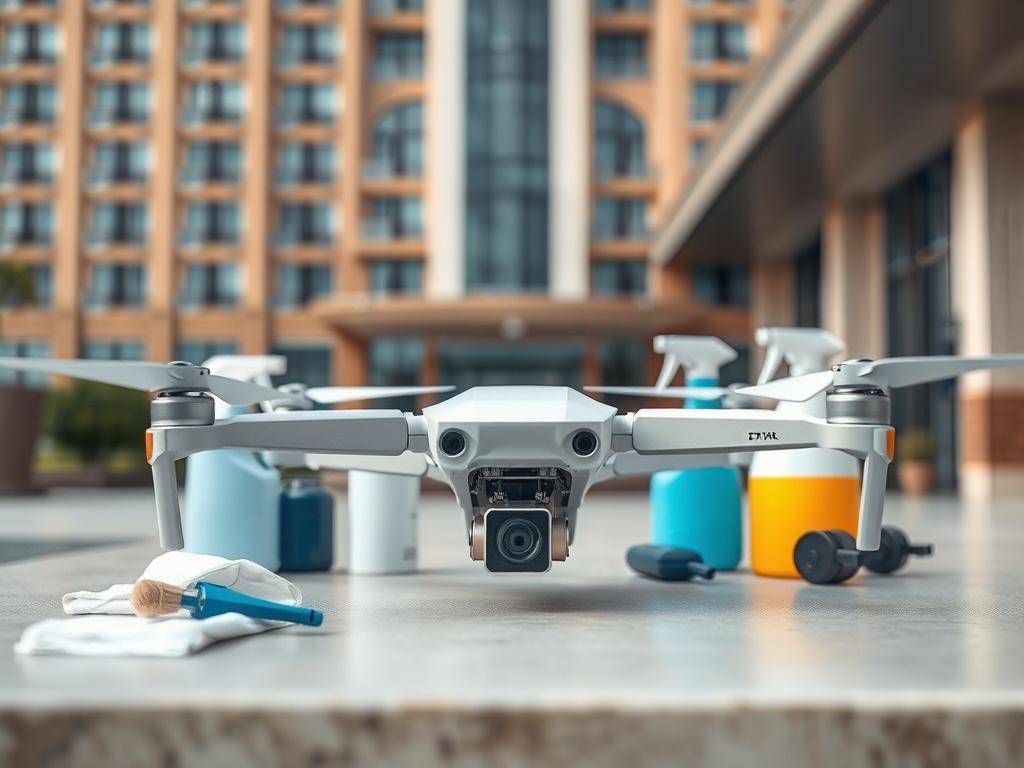 An aerial shot of a drone being prepared for a