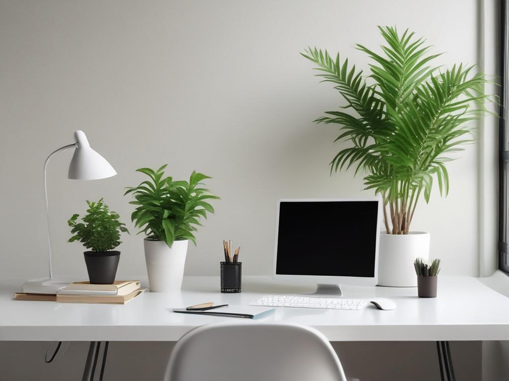 A minimalist workspace with a clean desk, a single green