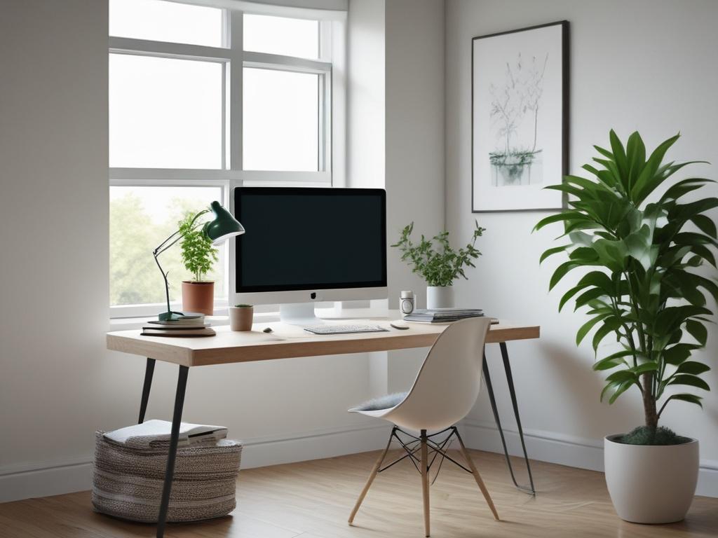 A minimalist workspace with a clean desk, soft natural light