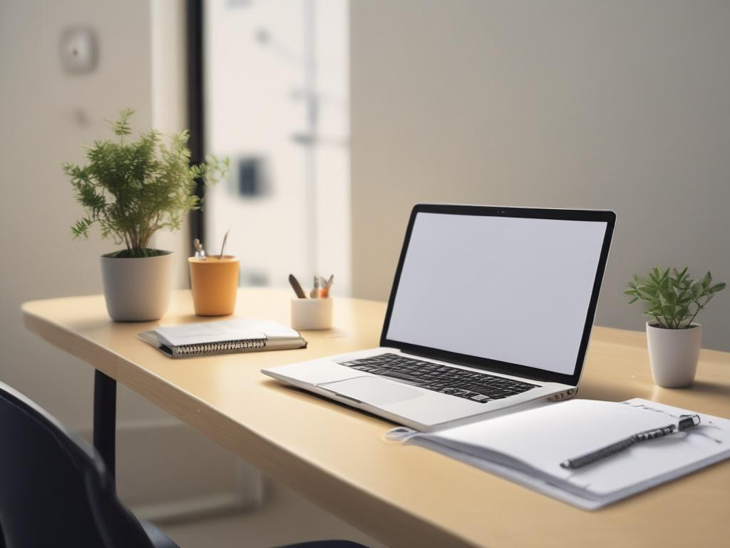 a clean workspace with a minimalist desk, a planner open