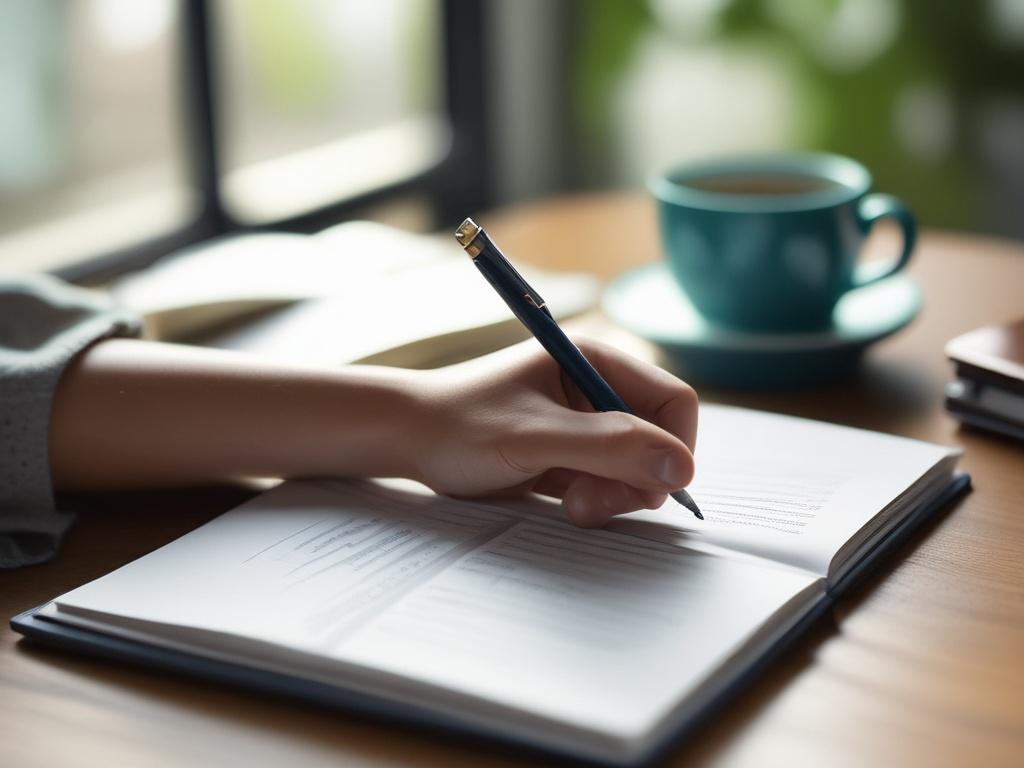 a close up of a person writing in a journal,