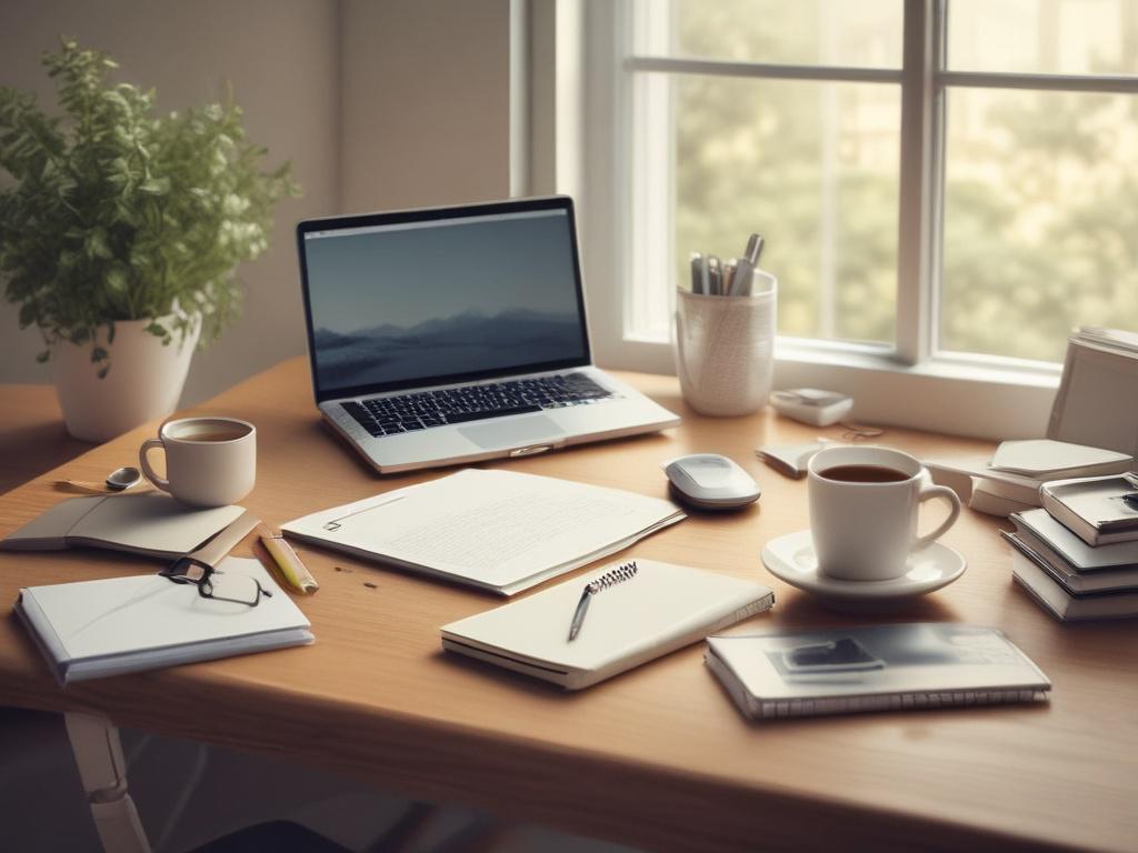 a serene desk scene with a notebook, calculator, and a