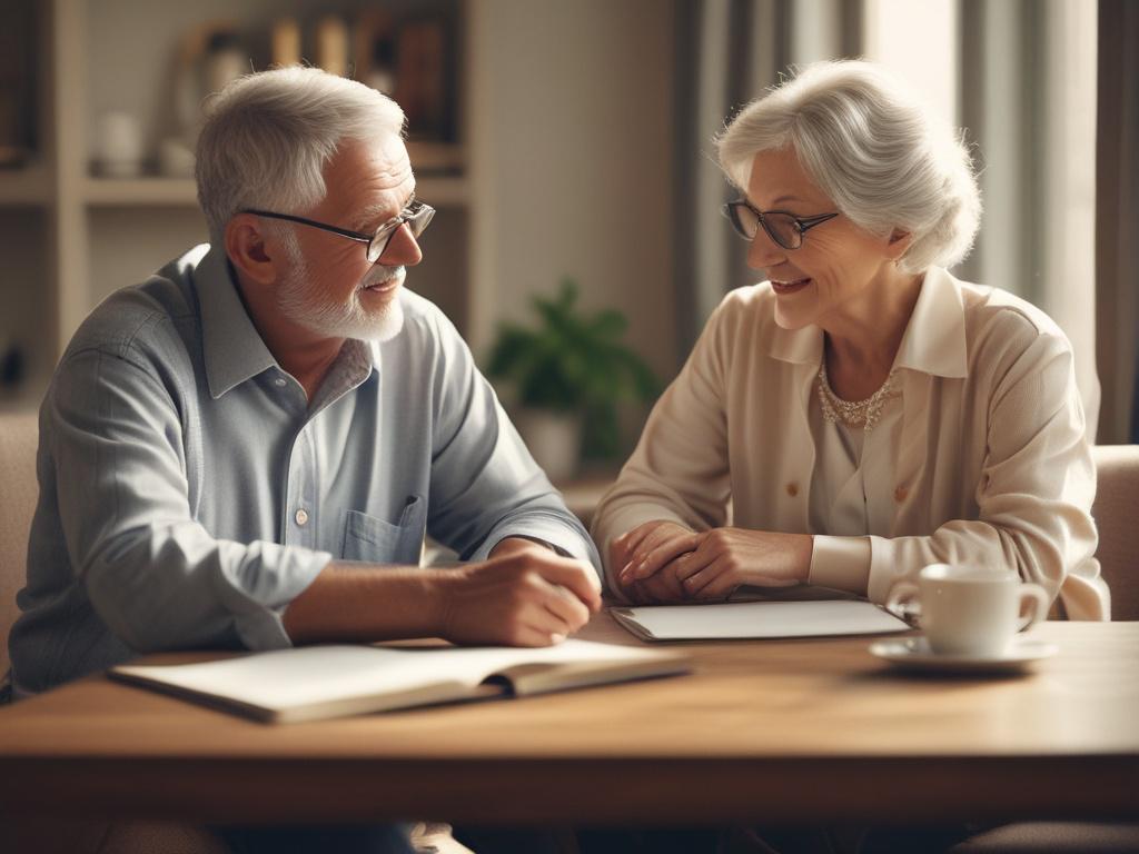 a calm retirement planning meeting with a financial advisor and
