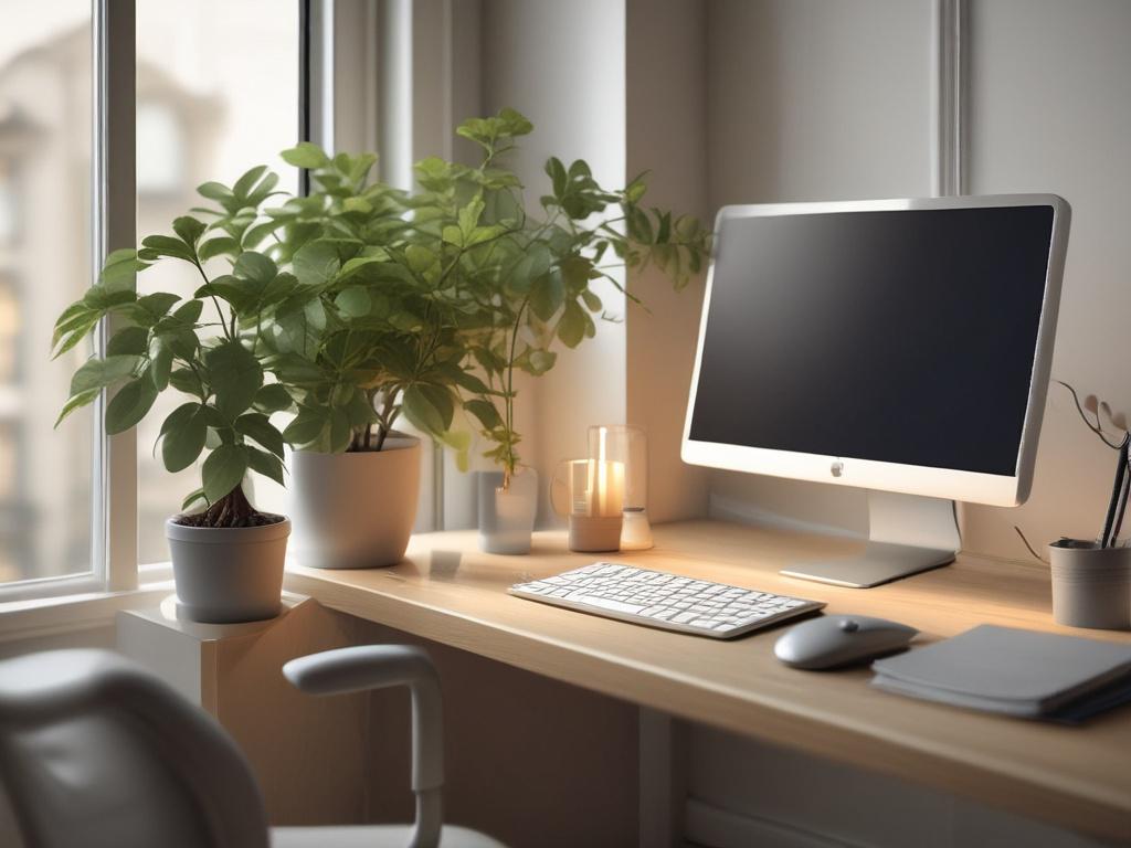 A serene personal workspace with soft lighting, featuring a cozy desk with a laptop, a cup of tea, and a plant. The background is softly blurred to create a peaceful atmosphere, emphasizing calm and focus.
