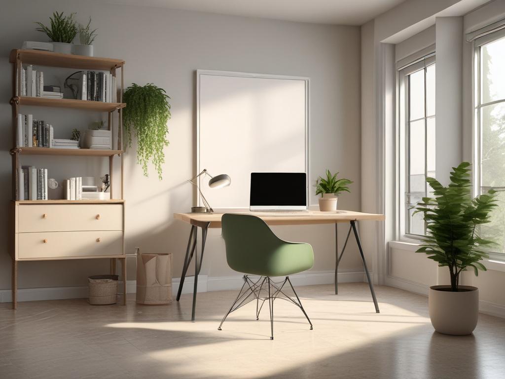 A serene and peaceful office environment, featuring a single desk with a laptop open and a potted plant beside it. Soft natural light filters in through a large window, casting gentle shadows. The color scheme includes soothing greens and soft neutrals, creating a calming atmosphere.