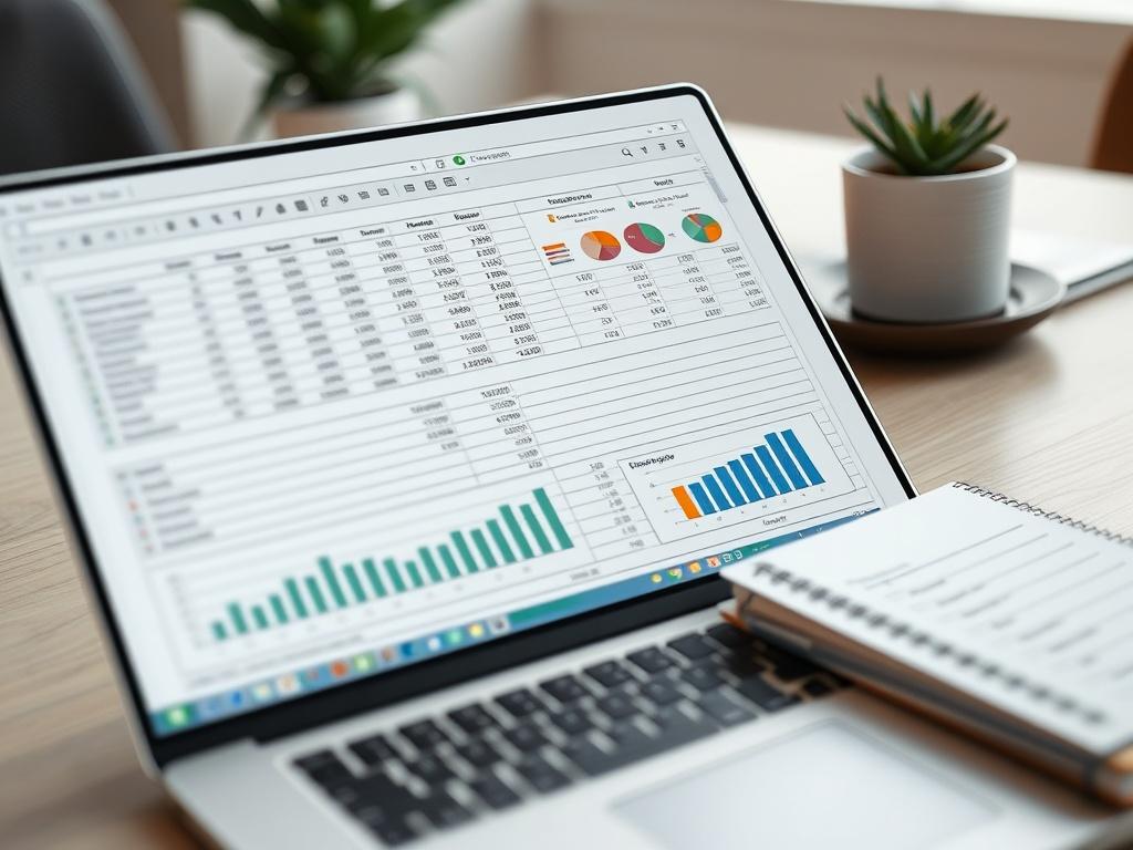 A close-up shot of a well-organized Excel spreadsheet displaying financial models, with data visualizations like graphs and pie charts. The background should be a minimalistic office desk setting, with a modern laptop and a notepad. The lighting should be bright, reflecting a professional atmosphere.
