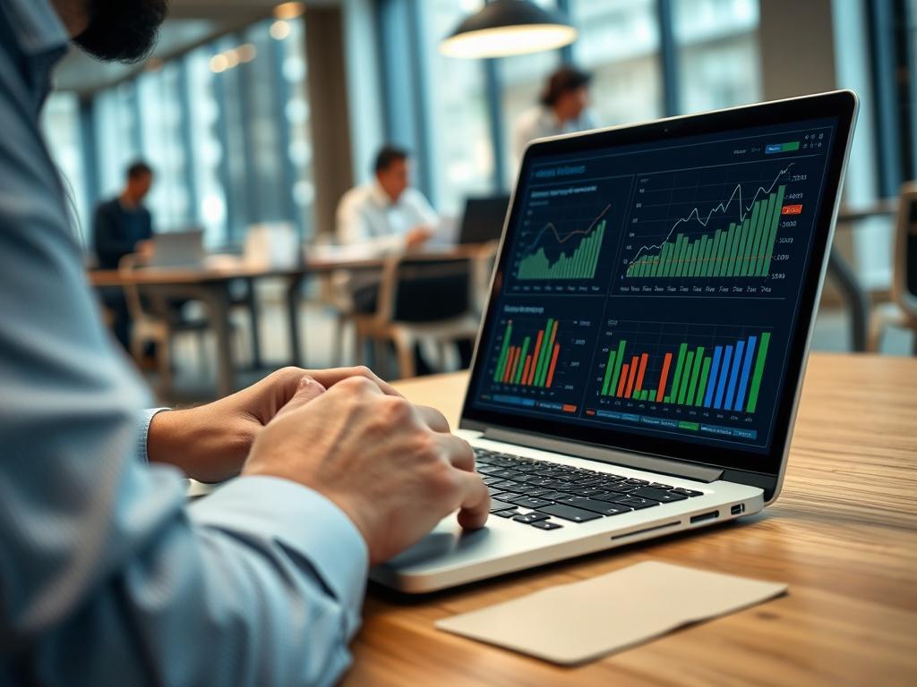 A close-up shot of a business professional reviewing multiple financial scenarios on a laptop screen, with charts and graphs representing different outcomes. The background should show a collaborative office space, indicating teamwork and strategic planning.