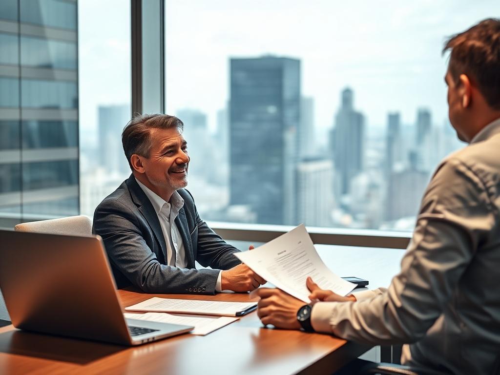 A high-resolution, hyper-realistic image showing a financial consultant discussing project financing with a client. The consultant is sitting at a modern desk, with documents and a laptop open in front of them. The background features a city skyline through a large window, indicating a professional office setting. The focus is on the consultant and the client, with expressions of engagement and understanding, highlighting the importance of project financing.