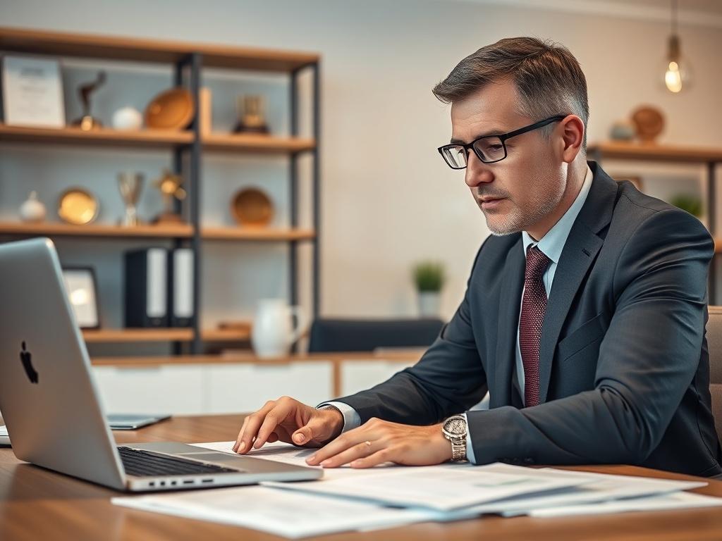 A professional consultant in a modern office setting, focused on a laptop with project documents spread out on the desk. The consultant appears engaged and thoughtful, wearing a formal suit. The background features shelves with books and awards, conveying expertise and professionalism. The lighting is bright and inviting, creating a warm atmosphere that emphasizes trust and reliability.