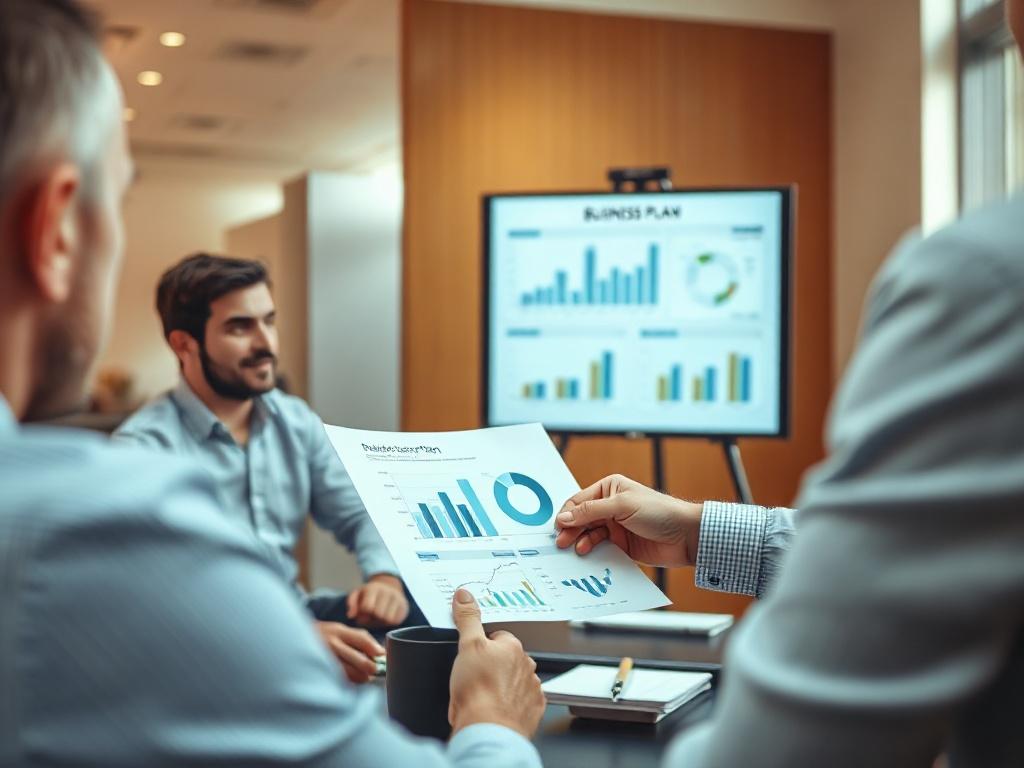A close-up shot of a business consultant presenting a well-structured business plan to a group of investors, with financial graphs and charts on a screen, hyper-realistic style, warm lighting, focus on the presentation materials.