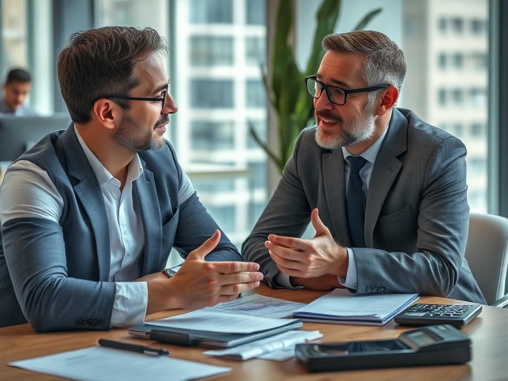 A close-up shot of a financial advisor discussing project financing options with a client in a modern office, with financial documents and calculators on the table, hyper-realistic style, soft lighting, focus on the advisor's gestures.