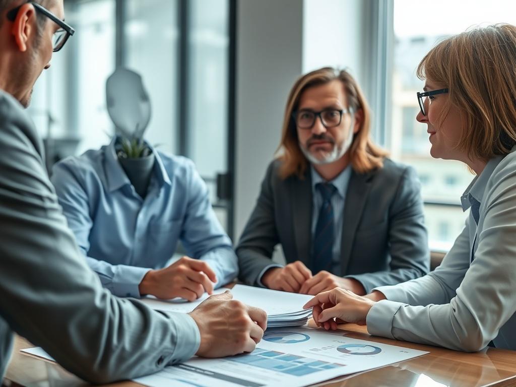 A close-up shot of a professional consultant discussing project concepts with a client in an office setting, with charts and diagrams on a table, hyper-realistic style, soft lighting, focus on the consultant's expressions and the documents.