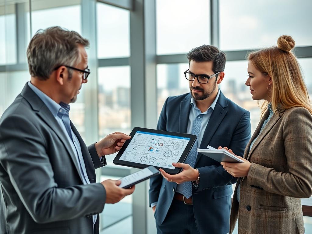 A close-up shot of a business consultant discussing project concepts with clients in a modern office setting. The consultant is pointing at a digital tablet displaying project plans, and the clients are actively engaged, taking notes. The background shows a contemporary office with a large window and city skyline.