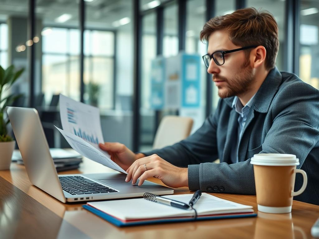 A close-up image of a financial analyst working on project funding strategies in a modern office. The analyst is reviewing documents and financial models on a laptop, with a notepad and a cup of coffee beside them.