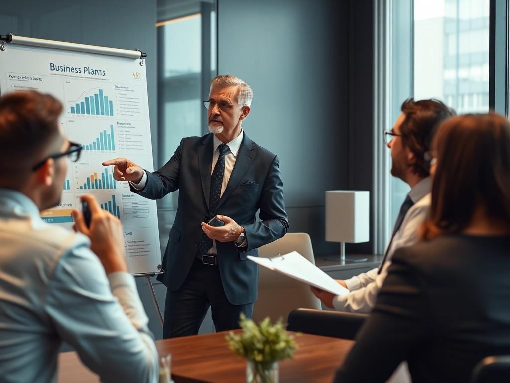 A high-resolution image of a professional consultant presenting a detailed business plan to a group of investors in a conference room. The consultant is pointing to a presentation board with graphs and financial forecasts, while the investors are attentively listening.