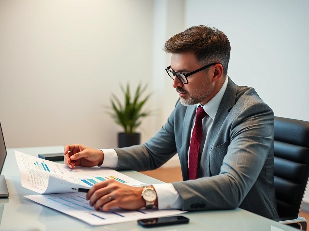 A professional consultant sitting at a desk, analyzing project concepts with charts and graphs spread out. The setting is modern and well-lit, with a focus on the consultant's expression of concentration. The background is minimalistic, emphasizing the consultant's engagement with the project.