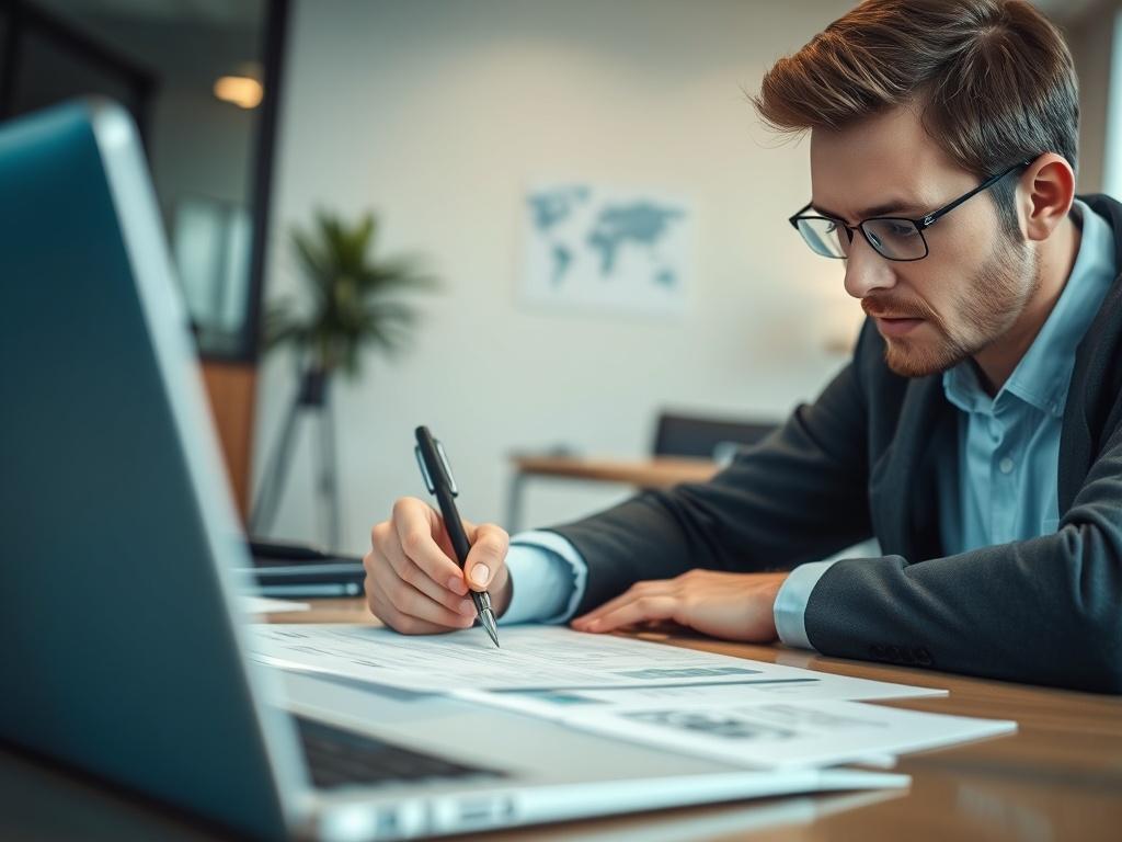 A business analyst working on a detailed business plan, surrounded by documents and a laptop. The focus is on the analyst’s thoughtful expression as they write notes. The setting is an office with soft lighting, creating a professional atmosphere.