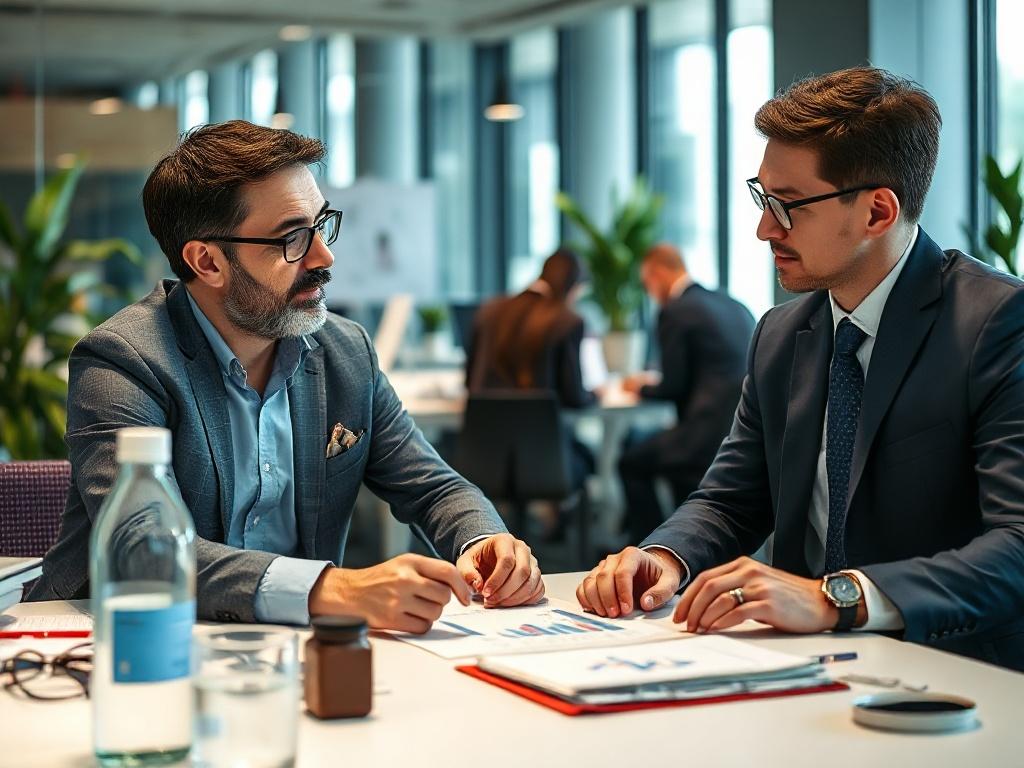 A financial consultant discussing project funding options with a client, using charts and graphs to illustrate points. The background features a modern office setting, with a focus on the interaction between the consultant and the client.