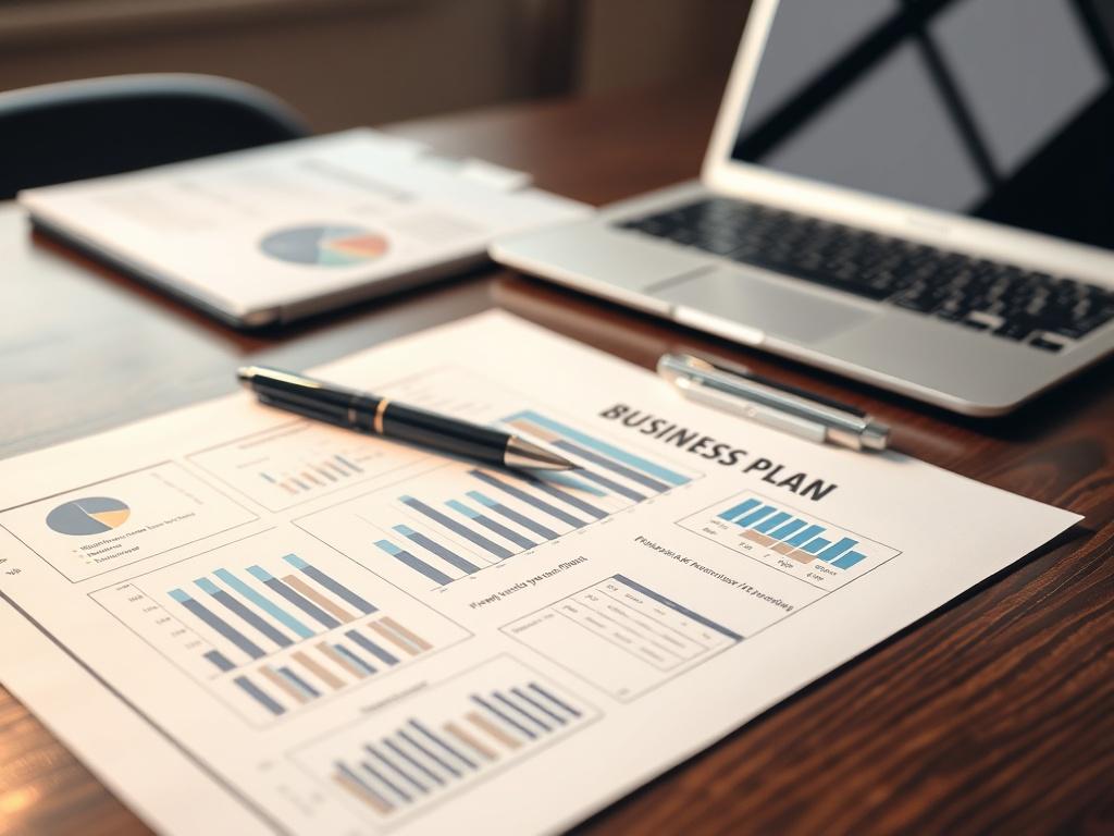 A realistic high-resolution photo of a business plan document on a desk, with a pen and a laptop in the background. The document should have graphs and charts visible, showcasing financial projections and strategies. The desk should be made of dark wood, giving a professional ambiance. The lighting should be soft and warm, creating a welcoming atmosphere.