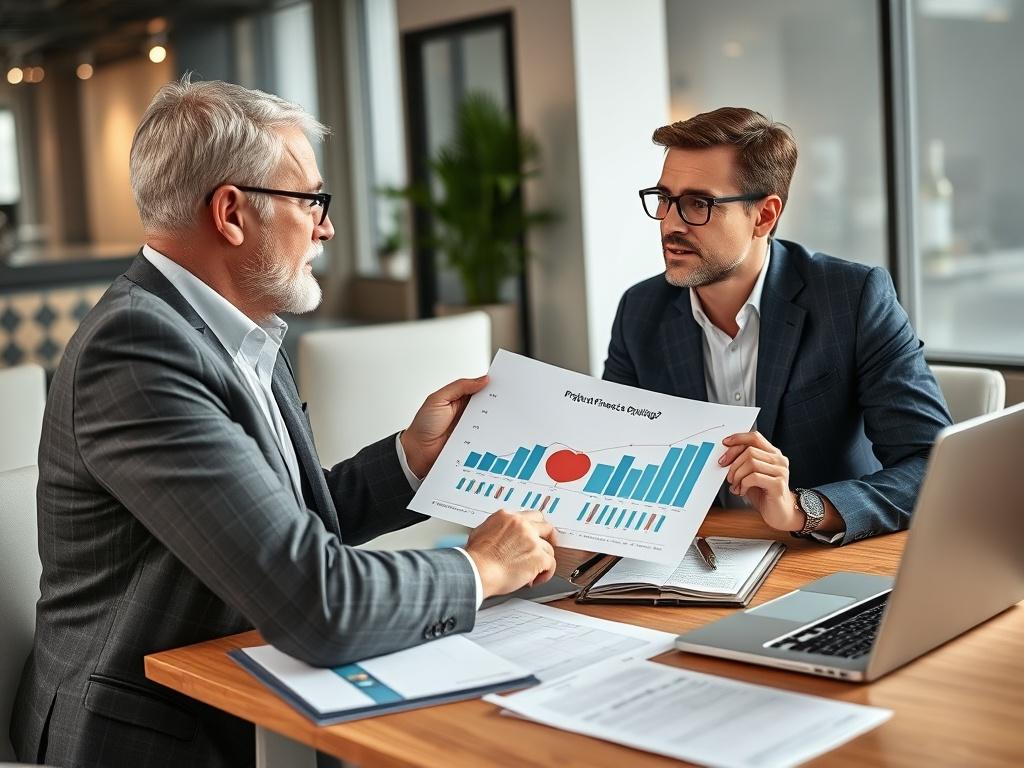 A financial advisor explaining project financing options to a client in a modern office environment, with financial documents and a laptop on the table. The advisor is using a chart to illustrate financing strategies, creating an informative atmosphere.