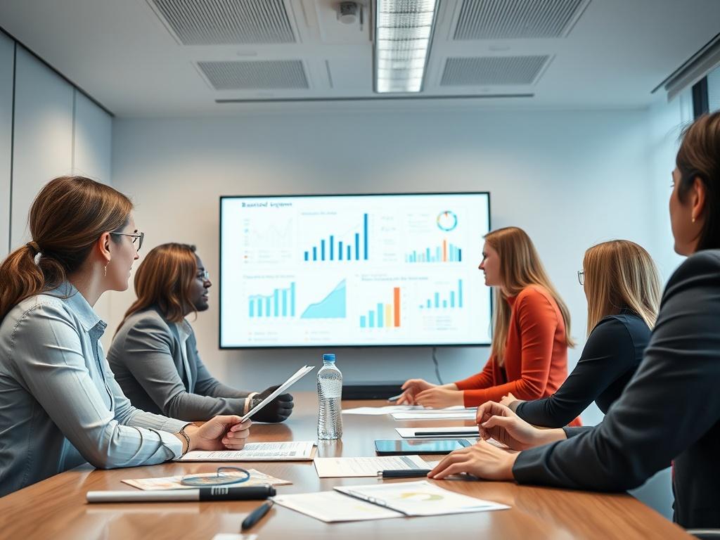 A team of professionals working together on a business plan in a well-lit conference room, with charts and graphs displayed on a screen. One person is presenting while others are engaged in discussion, showcasing teamwork and collaboration.