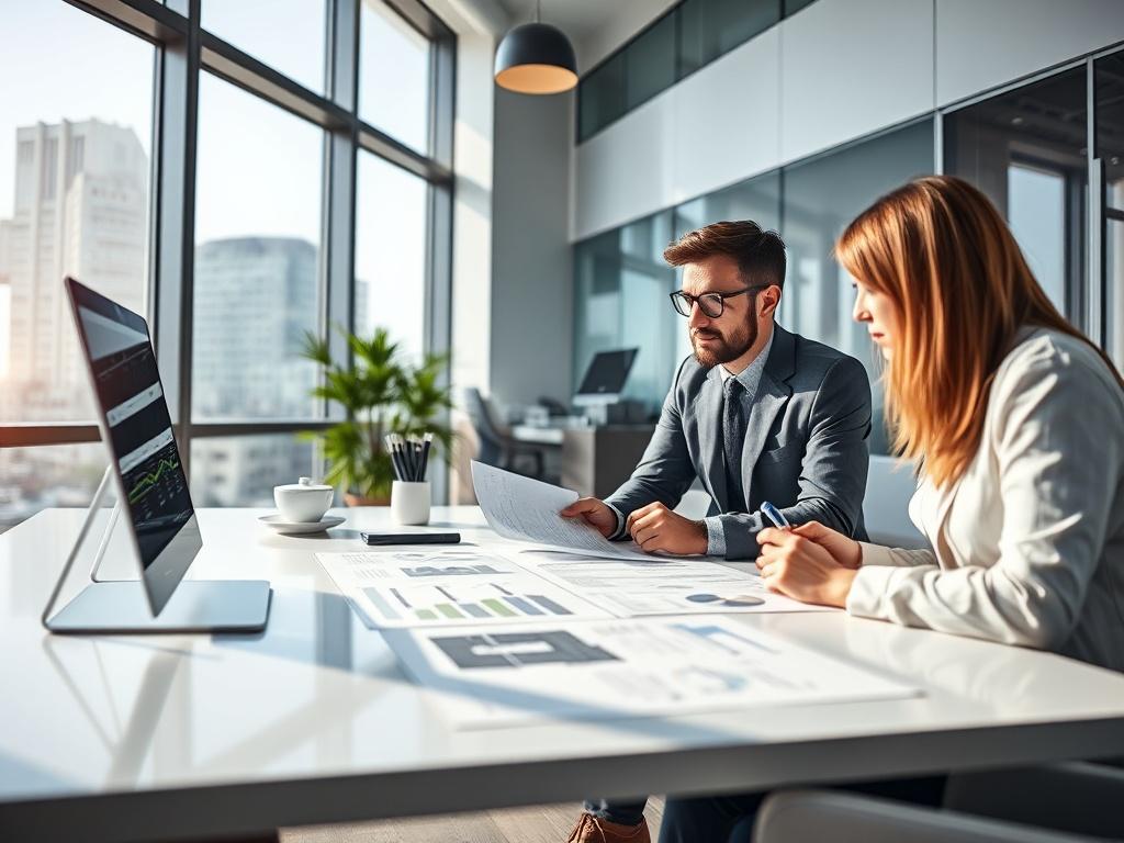 A professional consultant discussing project concept development with a client in a modern office setting, featuring a large window with natural light, a sleek desk, and project plans on the table. The consultant is pointing at a document while the client is taking notes, creating a collaborative atmosphere.
