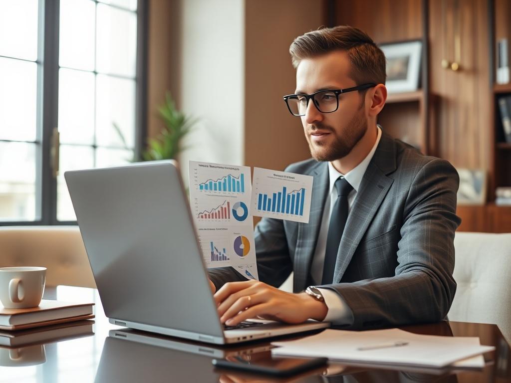 A high-resolution image of a professional consultant working on a business plan with charts and financial projections on a laptop. The setting should be an elegant office space, with a focus on the consultant's engaged expression as they analyze data.