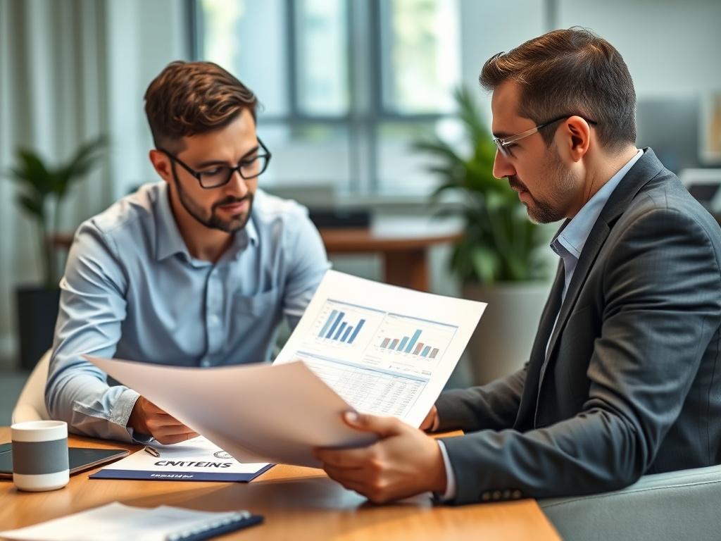 A high-resolution image of a financial consultant discussing project financing options with a client in an office setting. The focus should be on the documents and charts they are reviewing together, showcasing a collaborative atmosphere.